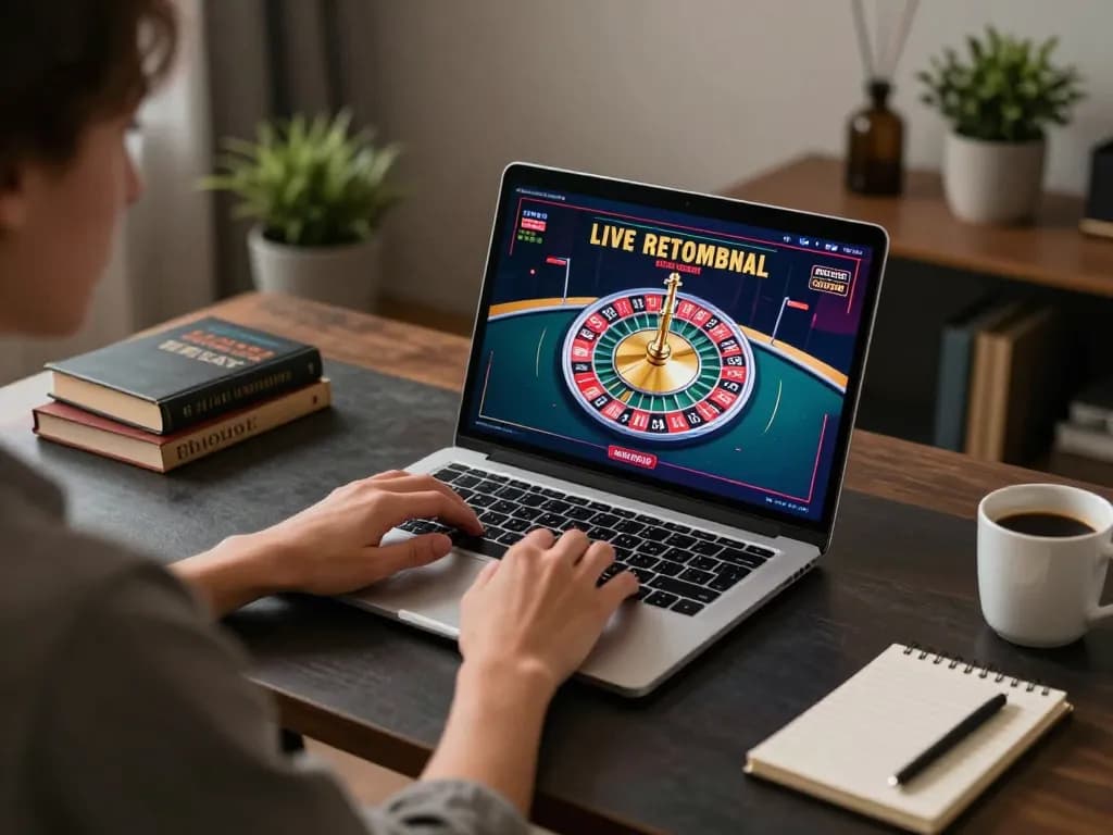 Playing live dealer games on lv88 com with laptop showcasing roulette table, emphasizing strategic gaming.