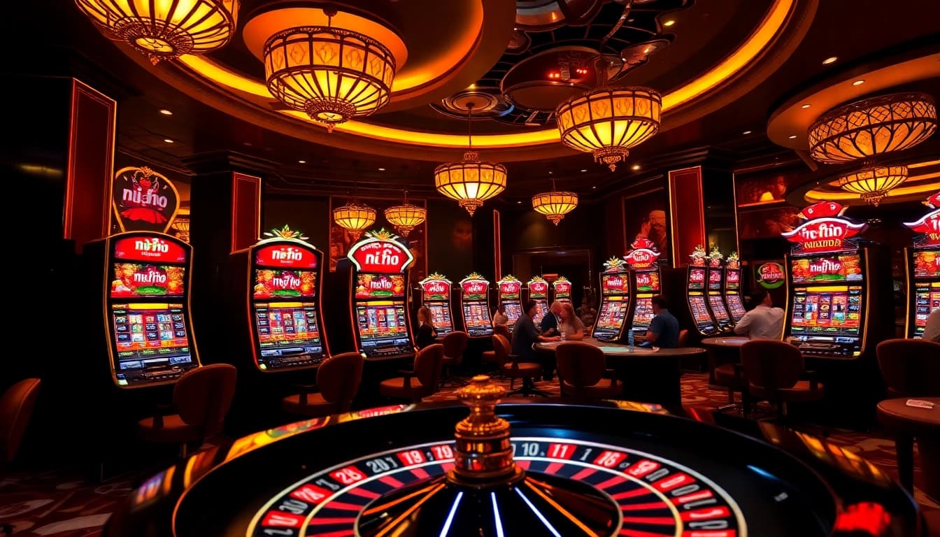 Exciting nổ hũ slot machines in a vibrant casino atmosphere with players celebrating wins.