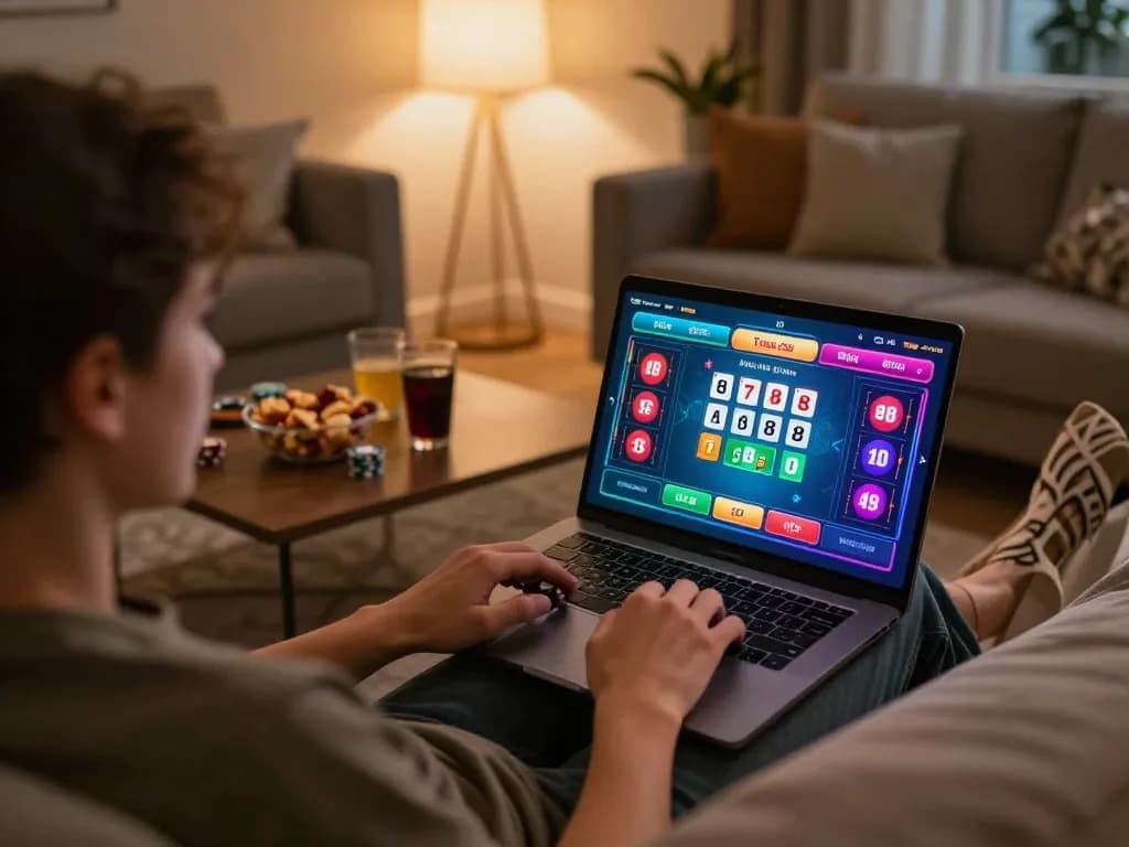 Player engaging with go 88 online poker game on a laptop at home, cozy gaming setup.