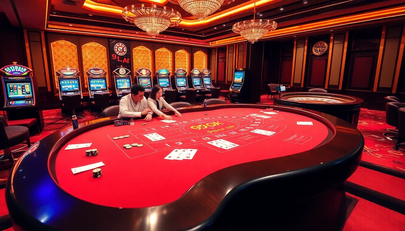 Experience the thrilling action of baccarat and other games at 99ok, featuring vibrant slot machines and poker chips.