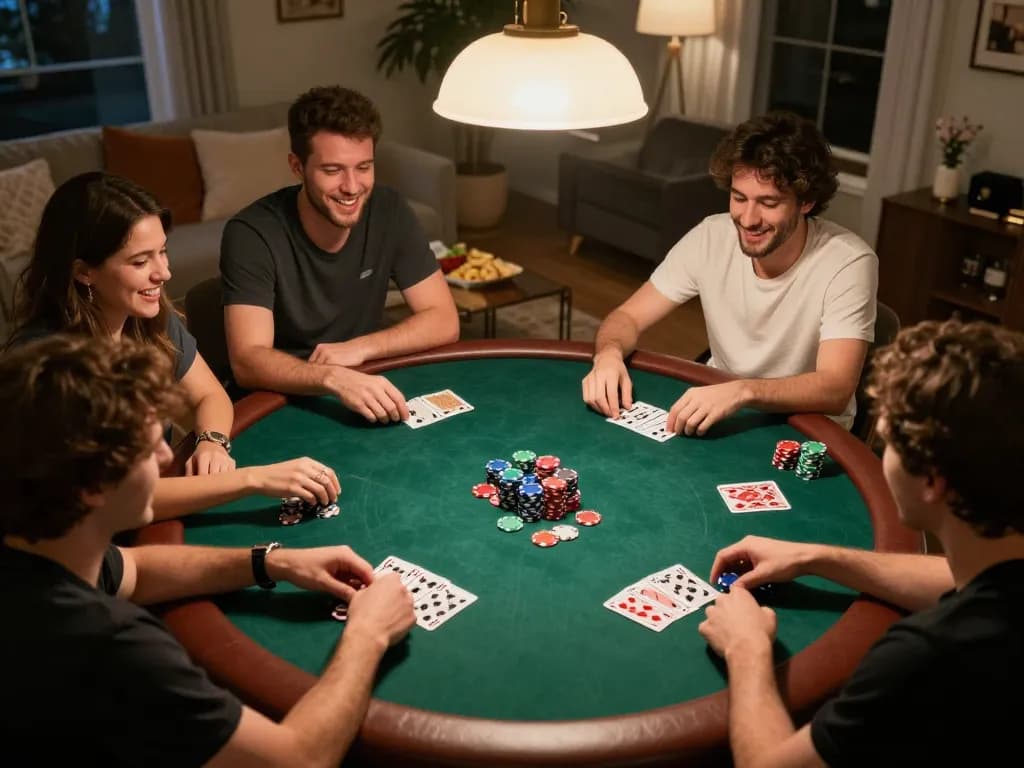 Friends enjoy a lively poker game at home, showcasing strategies and excitement for cm88.