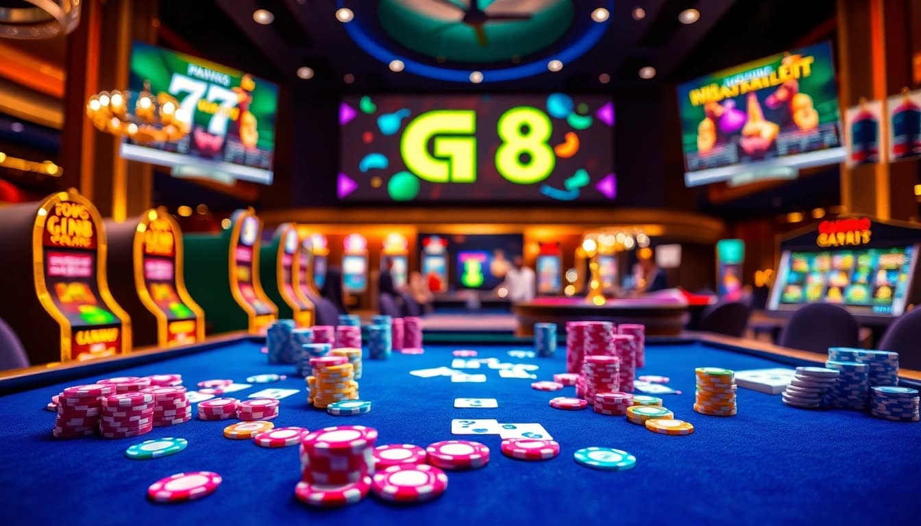 GO 8 players enjoying an exciting game at a lively casino table with poker chips and cards.