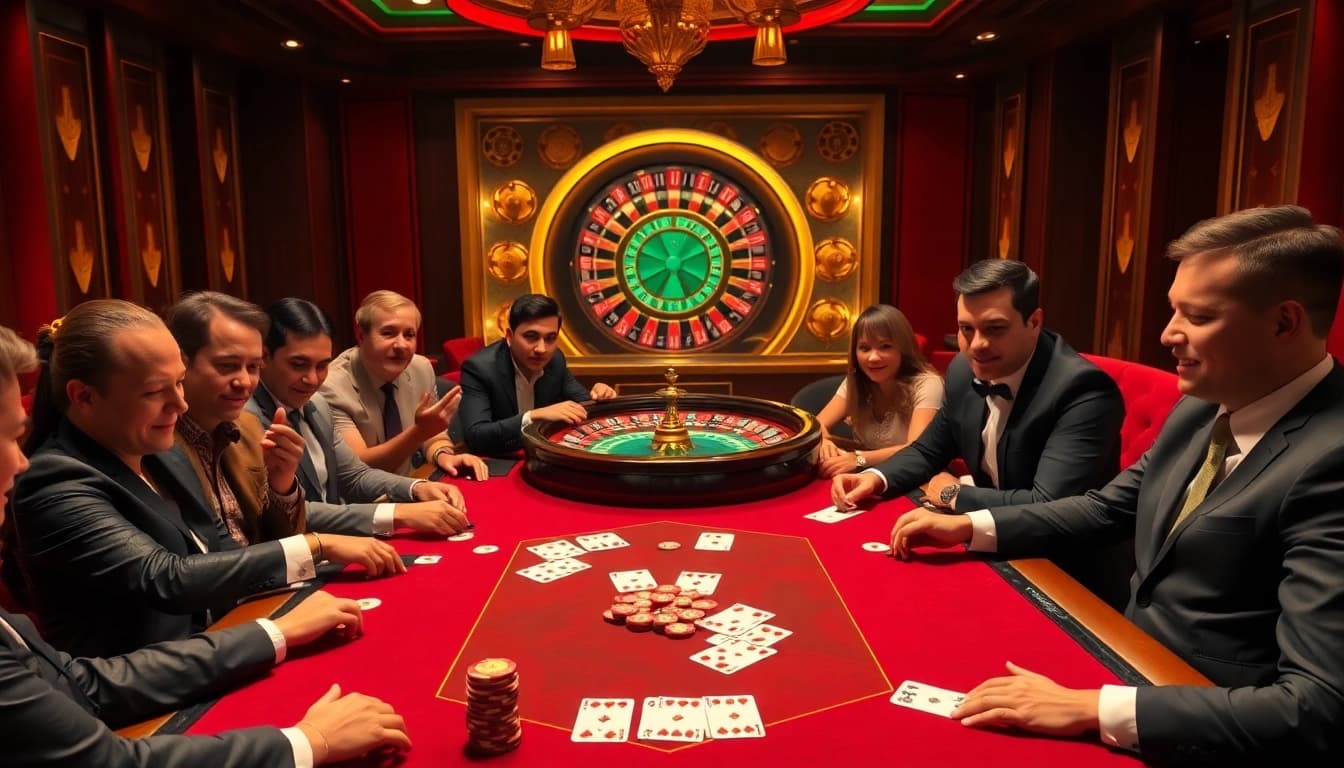 KUWIN poker game in an upscale casino with players, exciting action, and stylish decor.