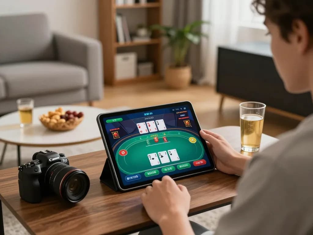 Hitclub gaming on tablet showcasing thrilling poker action with snacks and cozy ambiance.
