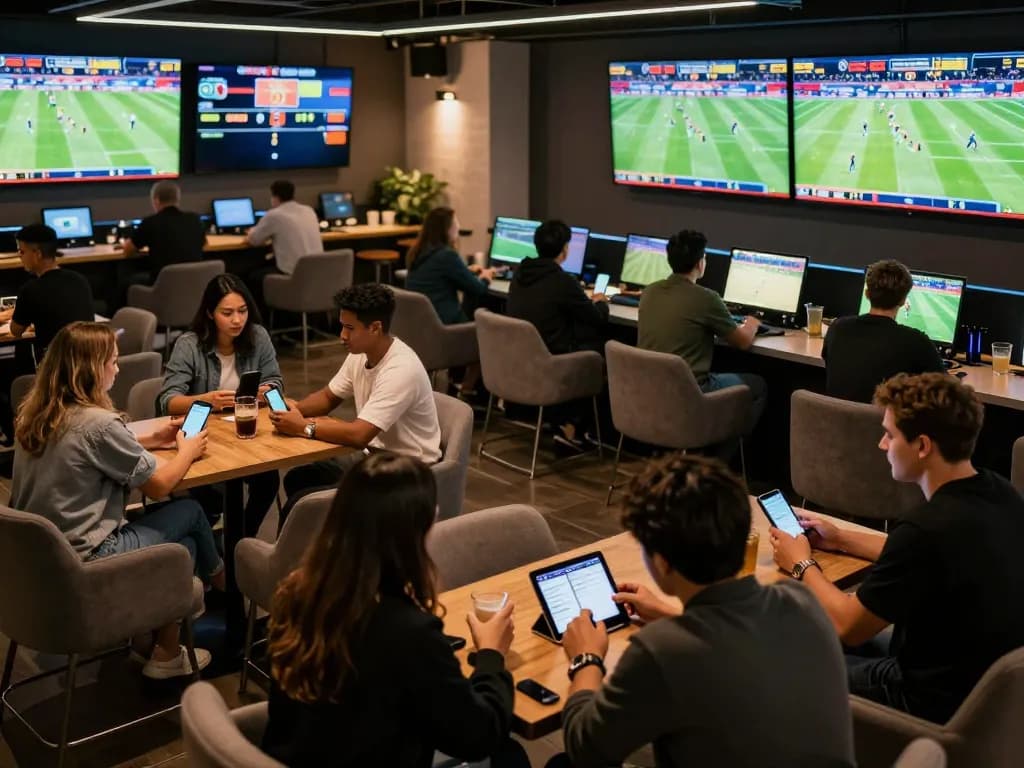 SX88 bettors engaging in sports betting at a lively lounge with multiple screens showing live matches