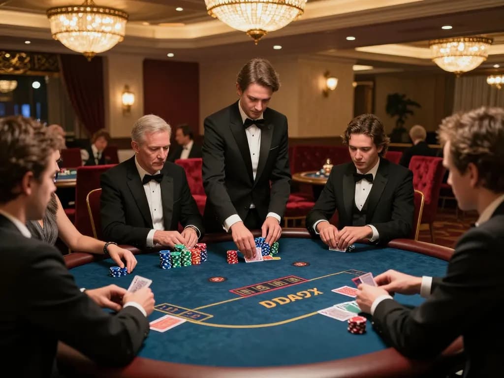 Players strategizing in a high-stakes poker game at 23wincasino, showcasing luxury and excitement.