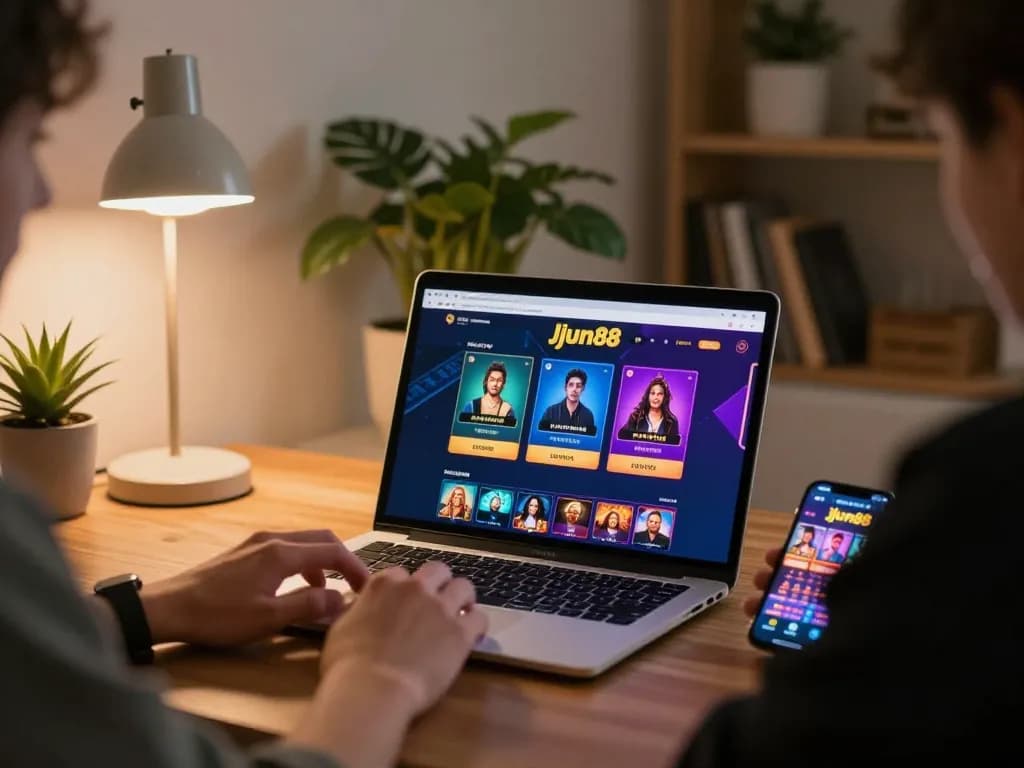 Engaging gaming scene showcasing jjun88 on laptop with vibrant graphics in a cozy home atmosphere