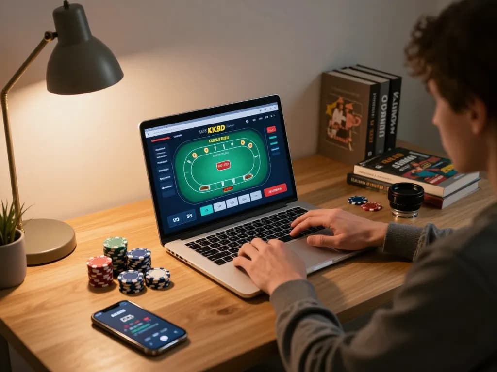 Engaged player enjoying games at KKBD Casino on a laptop with chips on the table
