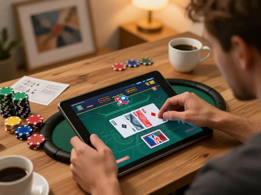 Engaged player enjoying online poker game on tablet with sunwin interface in inviting home setting.