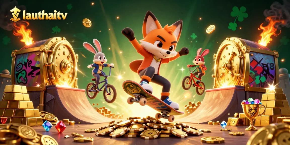 Play to win with lauthaitv's vibrant casino-themed illustration featuring animated characters.