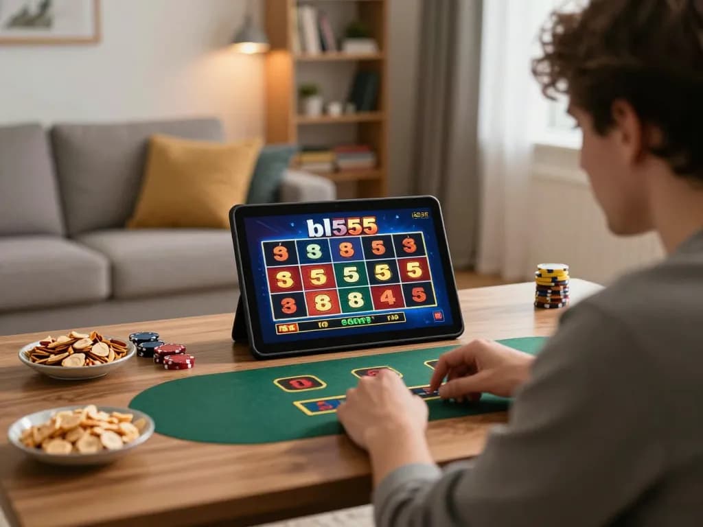Player immersed in a live dealer game on bl555 casino app in a cozy home setting