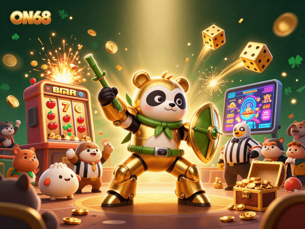 Experience thrilling gameplay with ON68 as golden panda battles in a vibrant casino arena.