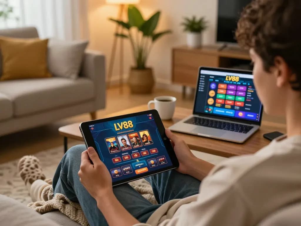 Engage in online gaming at LV88f while relaxing, showcasing a cozy environment and responsible gambling practices.