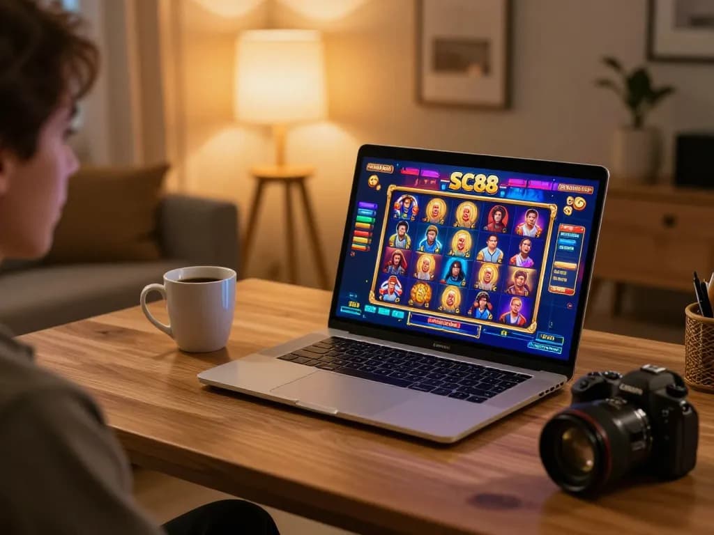 Player enjoying SC88 slot games on a laptop in a cozy home setup, creating an engaging online gambling atmosphere.