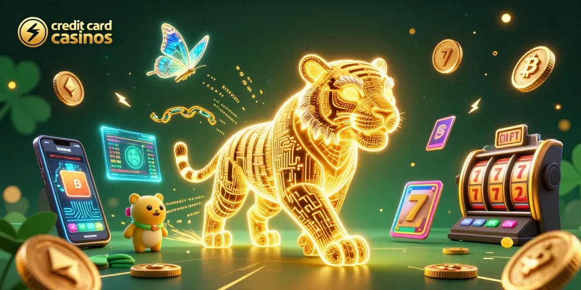 Engage with credit card casinos through an energetic 3D scene featuring a neon tiger, coins, and vibrant game elements.