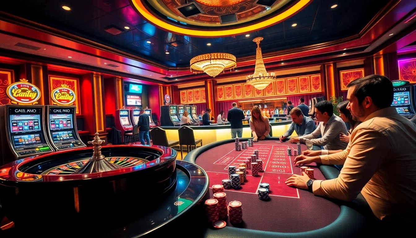 Experience luck8 media at a vibrant casino with slot machines and poker excitement.