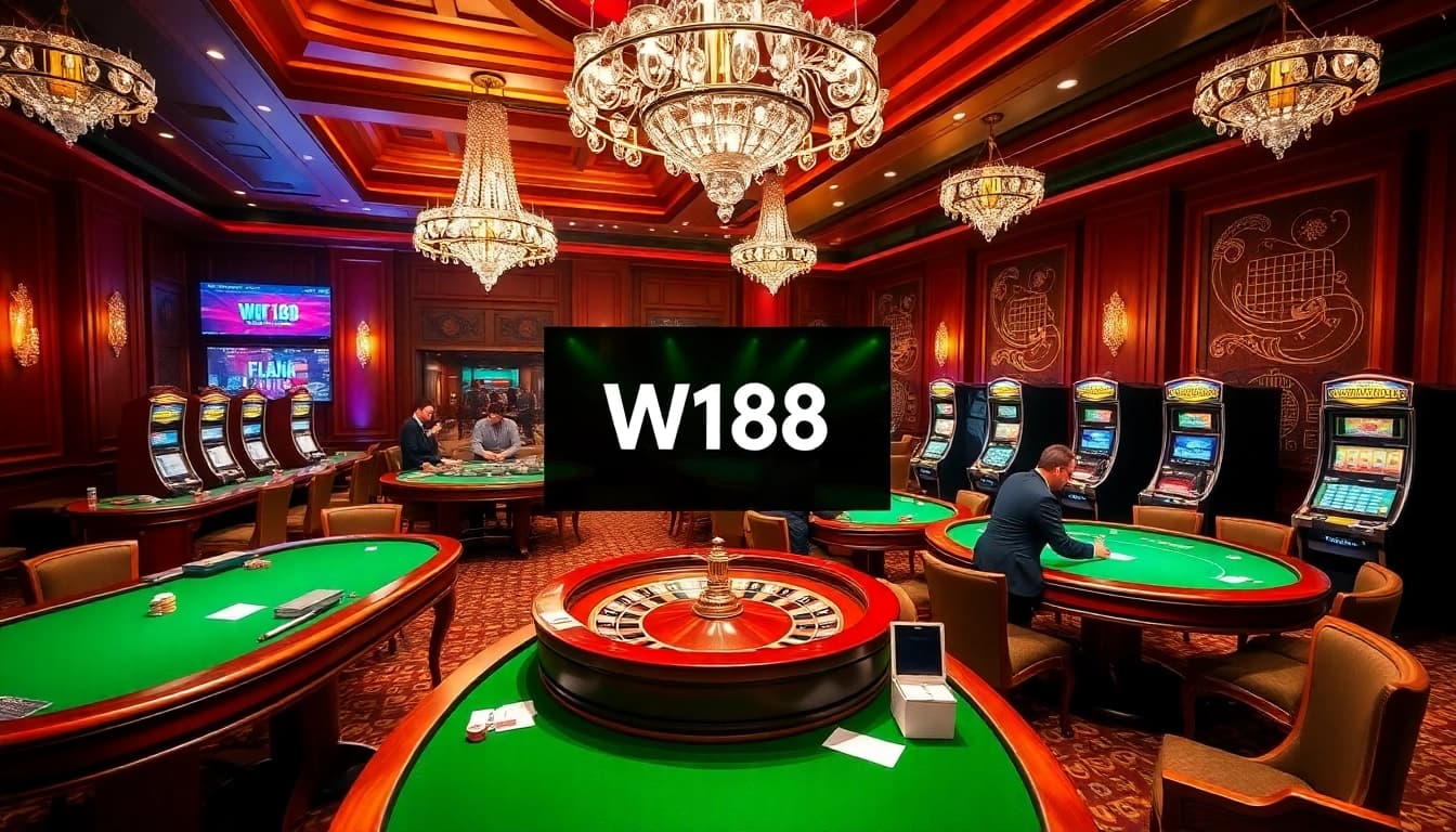 W188 players enjoying an exciting casino atmosphere with roulette and slots.