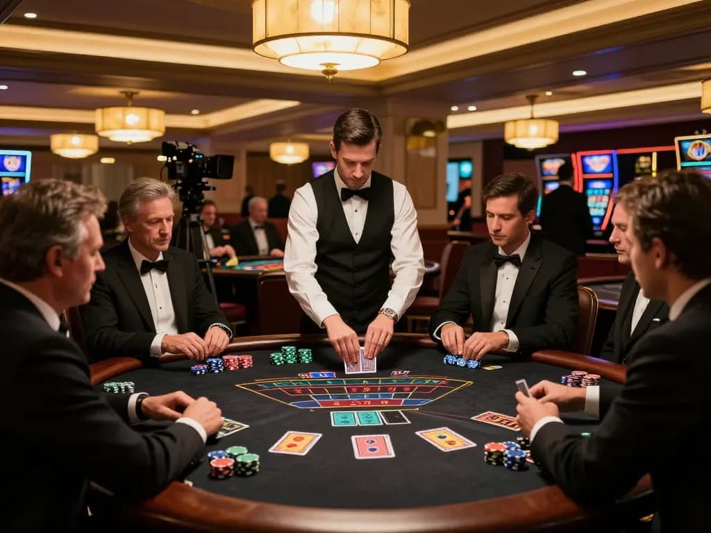 sc88bn players engaged at a high-stakes blackjack table, creating a competitive atmosphere in a luxury casino.