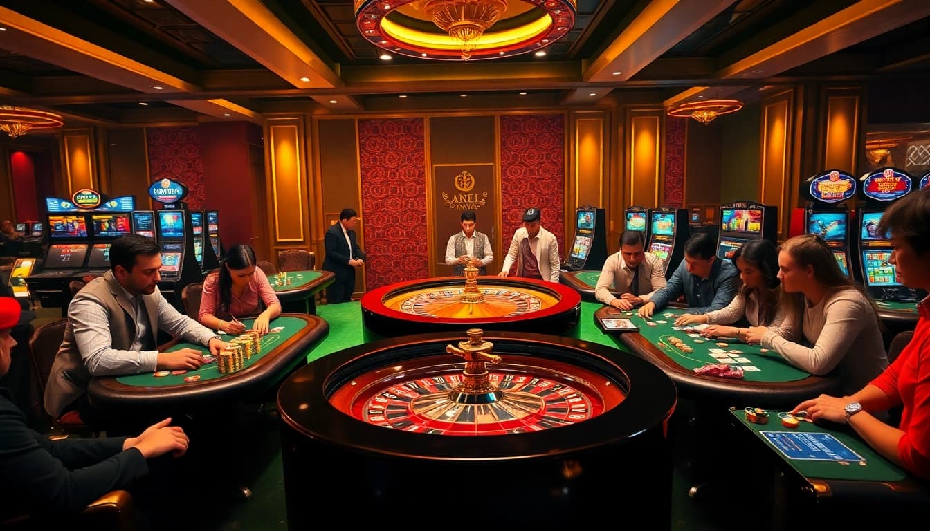 Engage with thrilling casino games at https://bem88.com with poker tables, roulette wheels, and vibrant atmosphere.