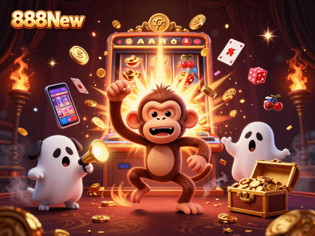 Experience thrilling wins at 888New with a whimsical ghost-hunter puppy tracking a poltergeist monkey in a vibrant casino scene.