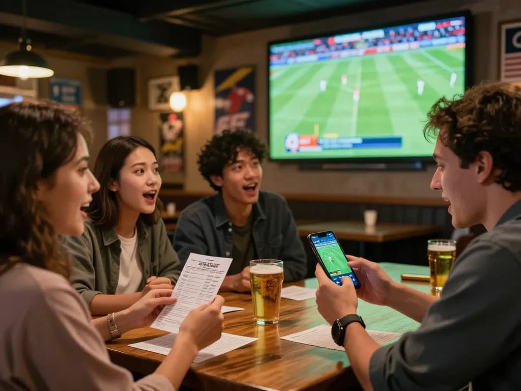 Sports bettors enjoying NOWGOAL live betting on smartphones during a football match in a lively bar setting.