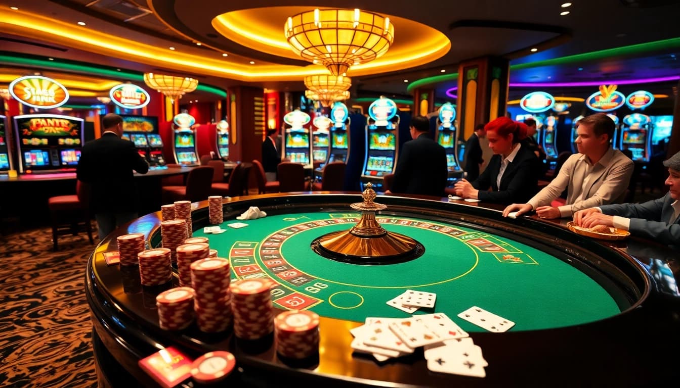 S666 casino experience featuring a lively roulette table and poker players in an elegant setting.