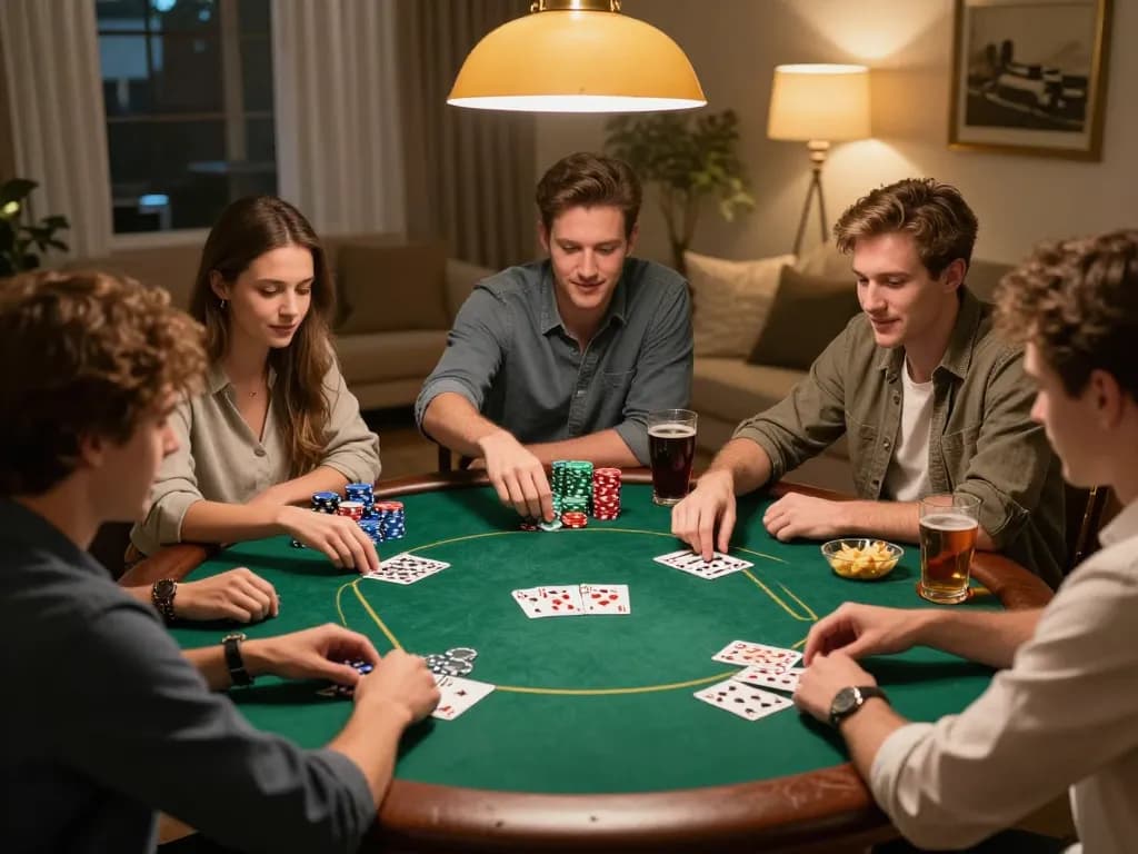 K8CC home poker game scene showcasing friends playing with excitement and chips on the table.