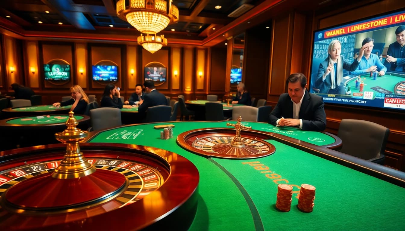 Experience the thrill of luongson live with a vibrant casino scene filled with poker chips and a roulette wheel.