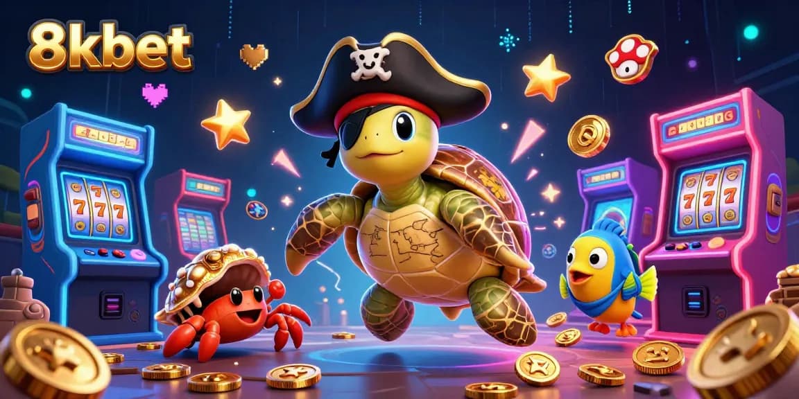 Experience thrilling gaming with 8xbet's vibrant slots scene featuring a cartoon pirate turtle and treasures.