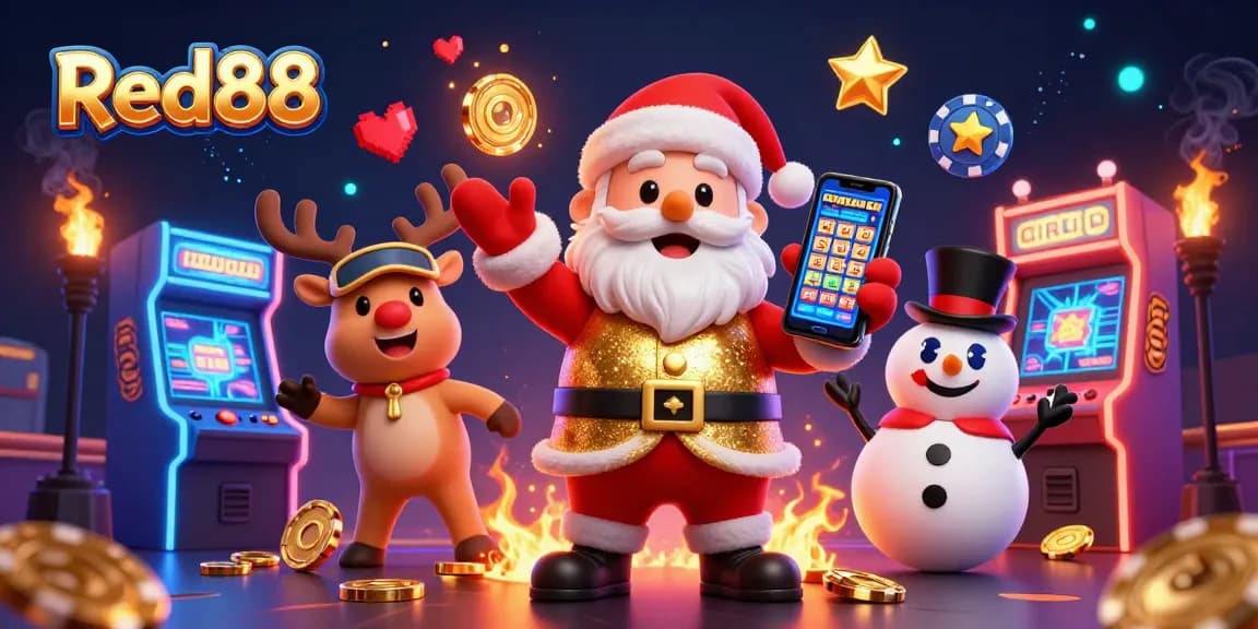 Win at Red88 with a vibrant casino scene featuring Santa, reindeer, and poker chip snowman!