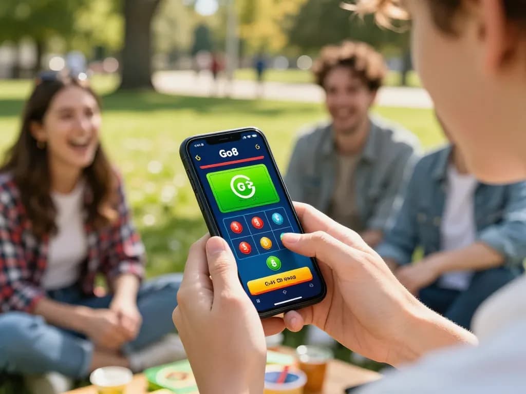 Engaging with the Go8 casino app during outdoor gameplay, showcasing excitement and mobile gambling