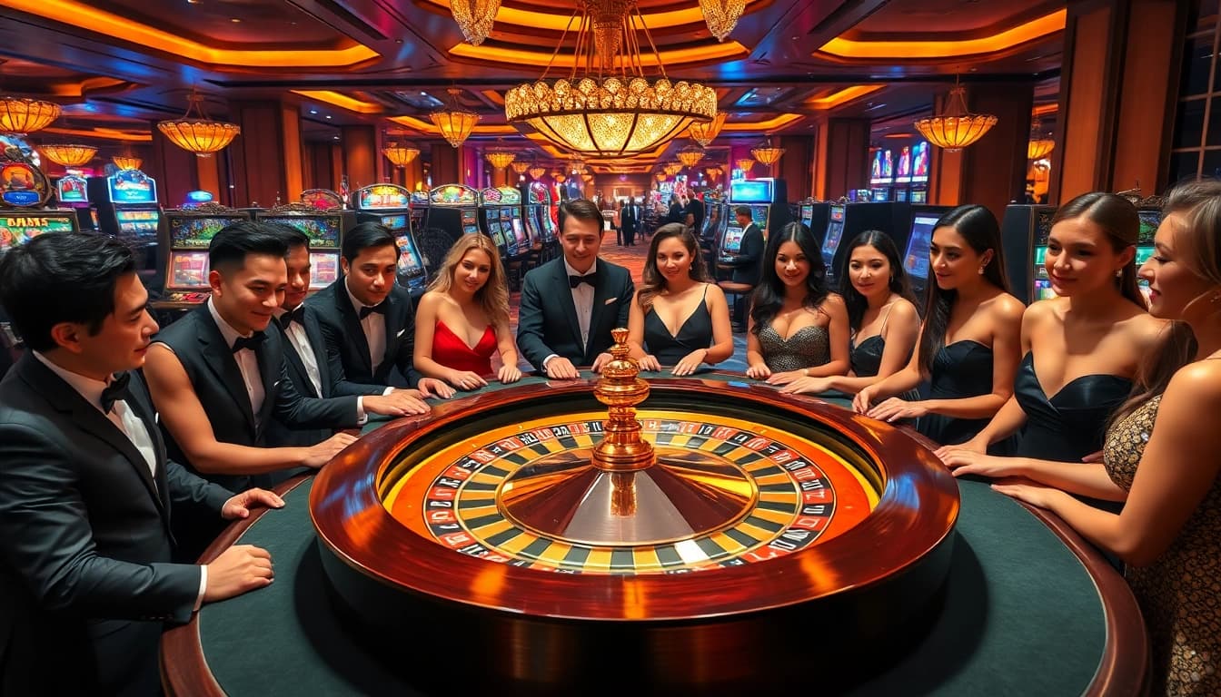 Gambling excitement at the roulette table with newphim-themed luxury casino ambiance