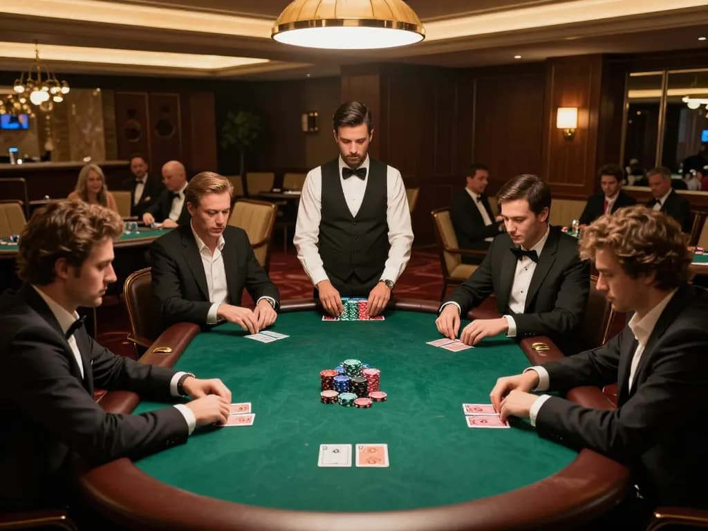 MM88 poker players strategizing their next move in a luxurious setting with rich decor