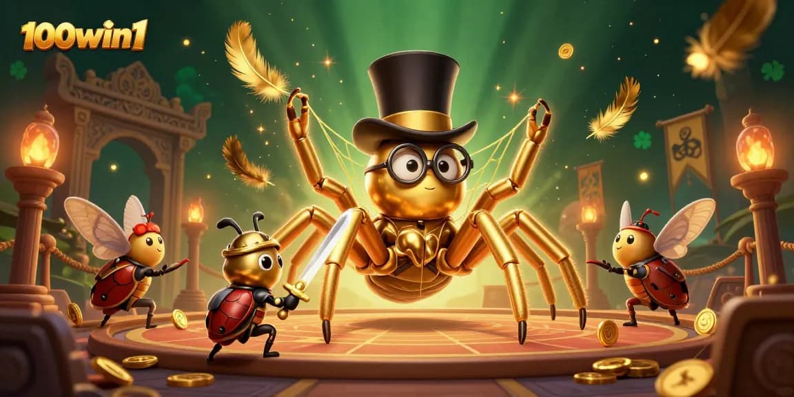 Engage with the exciting world of 100win1 casino as a brave beetle knight approaches a giant tarantula in a vibrant scene.