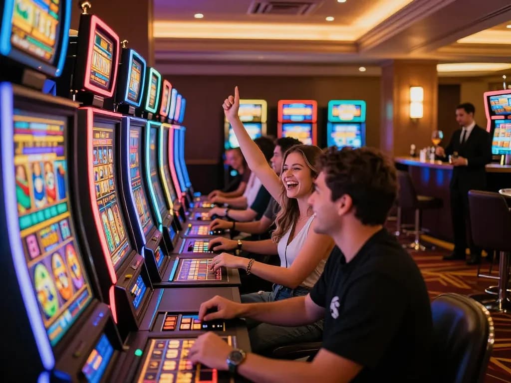 Players enjoying vibrant slot machines at Go8 casino, celebrating wins while engaging in the excitement.