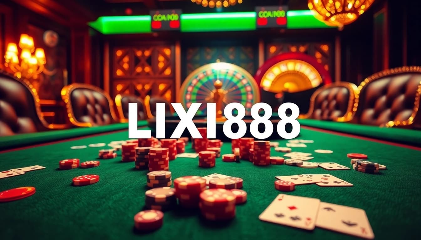 LIXI88 casino scene showcasing a vibrant table game with poker chips and cards