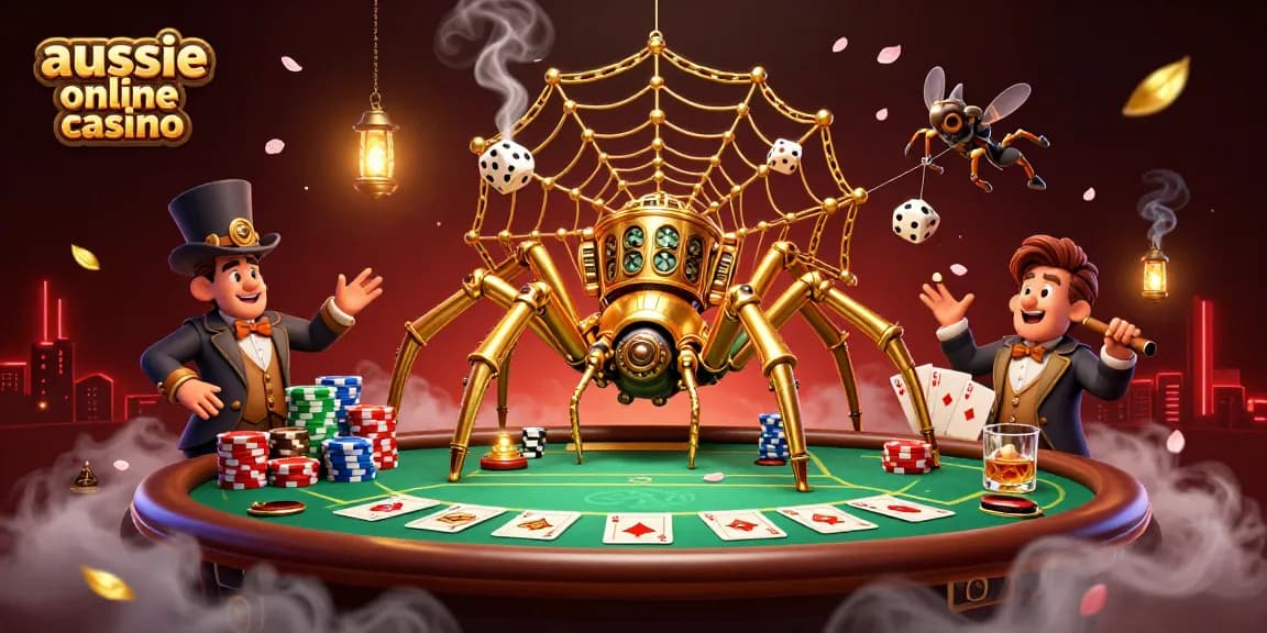 Engage with the aussie online casino world, featuring a steampunk spider and poker elements.
