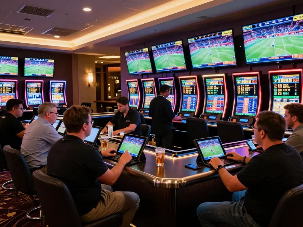 Bongdallu users engaged in sports betting at a stylish casino lounge with live screens and betting apps.