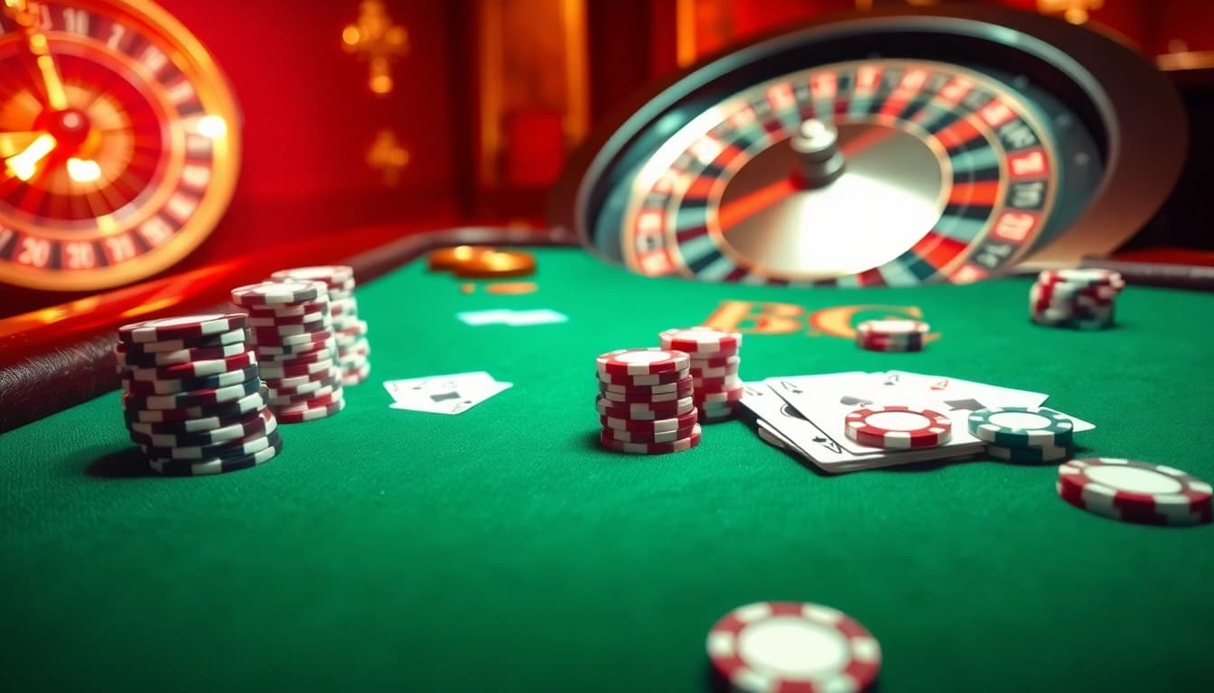 Experience the thrill of F8 BET with luxurious poker tables and roulette wheels in a vibrant casino scene.