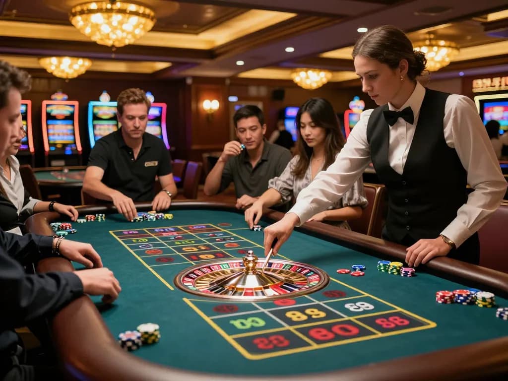 Engaging gameplay at 88คลับ roulette table, players placing bets with excitement in upscale casino atmosphere.