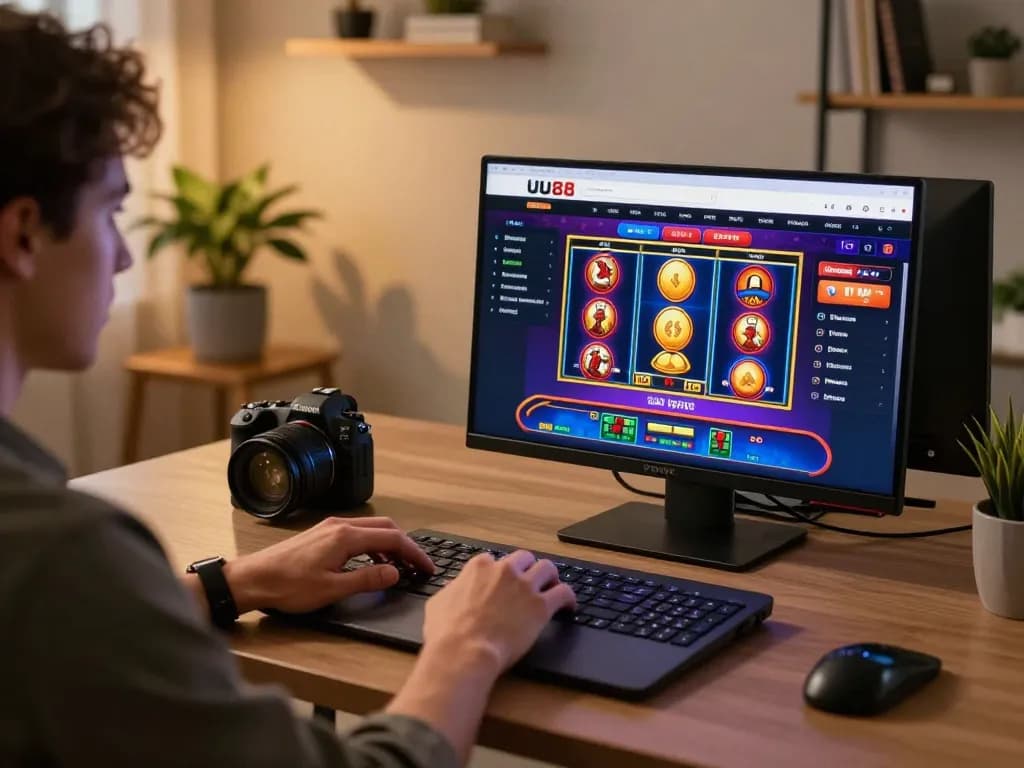 Engaging online gaming scene featuring UU88 platform with vibrant slot games and a cozy setup