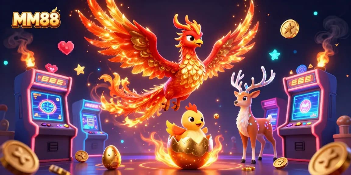 Engage with MM88's vibrant casino experience featuring a phoenix and arcade elements.