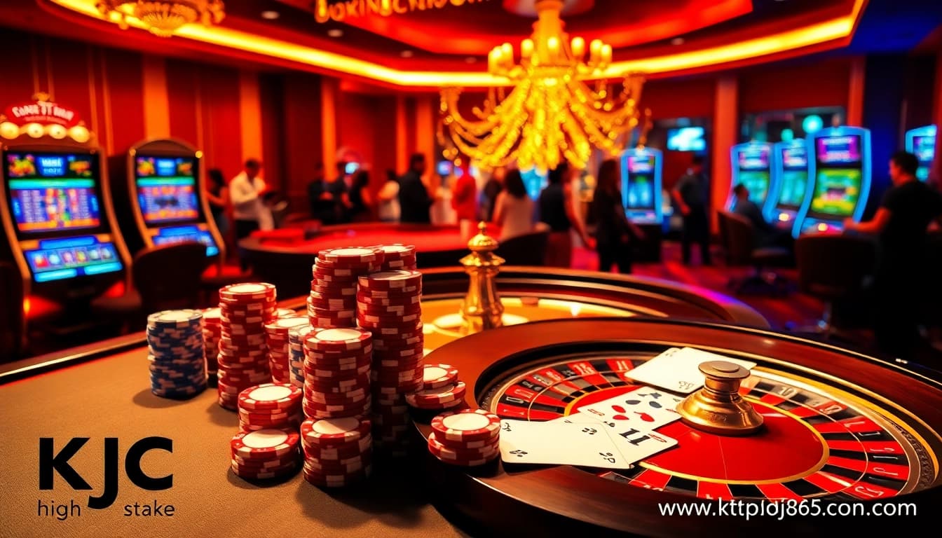 A vibrant casino scene at https://kjc365.com/ featuring poker chips, slot machines, and a roulette wheel.