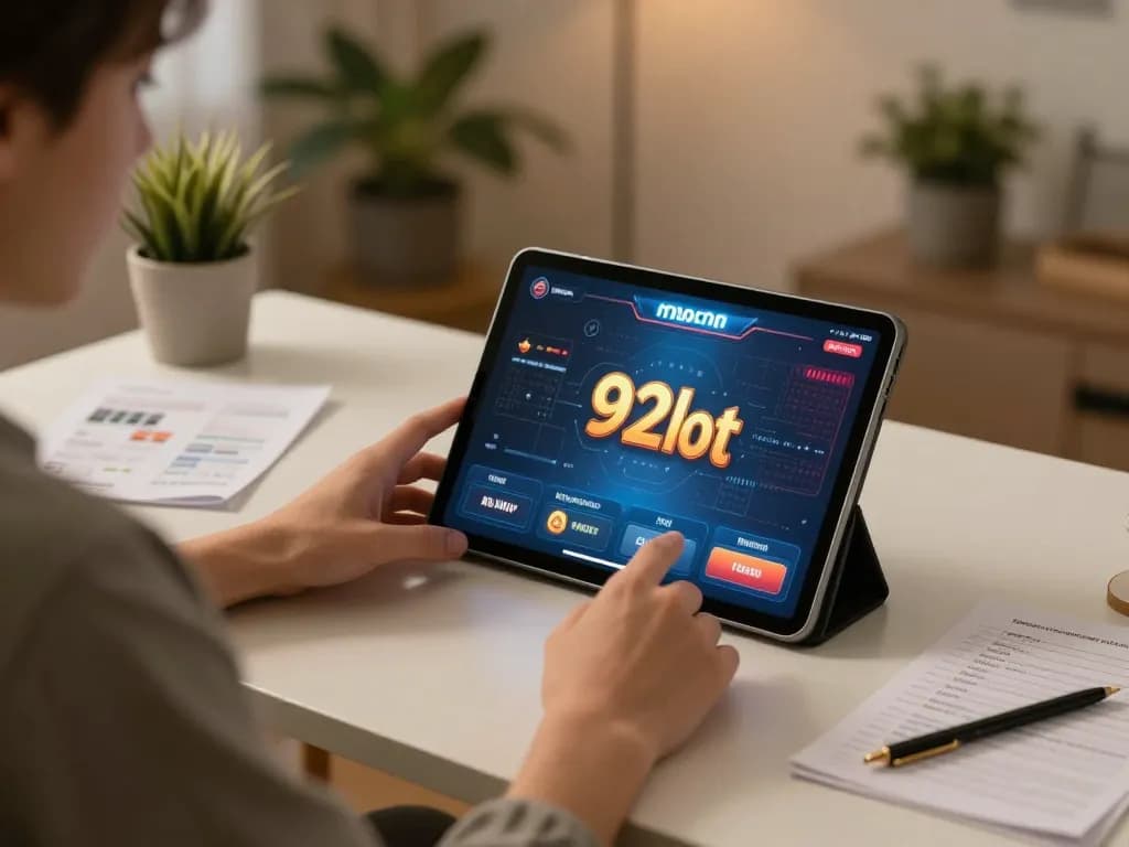 Playing 92slot online casino on a tablet in a cozy home environment, showcasing responsible gaming