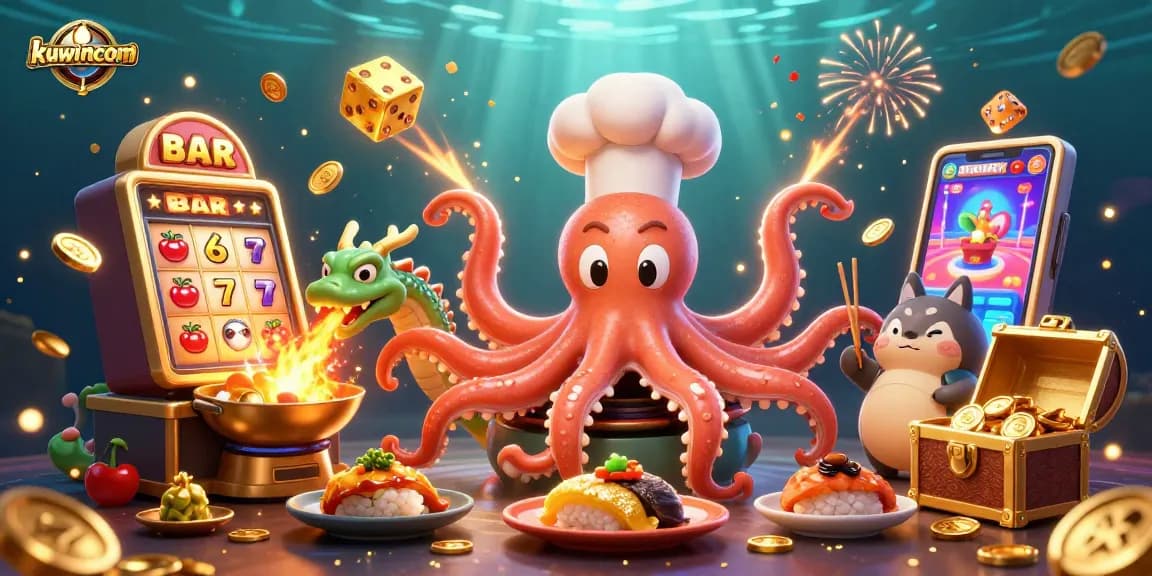 Win big at kuwincom with a vibrant scene showcasing a sushi chef octopus and dragon in a casino setting.