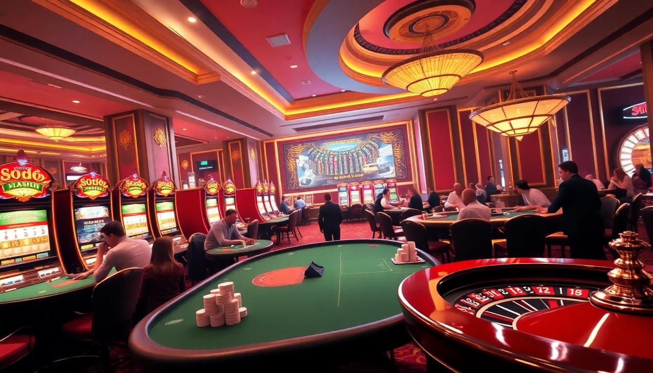 SODO CASINO features an exciting poker game atmosphere with players and vibrant slot machines.