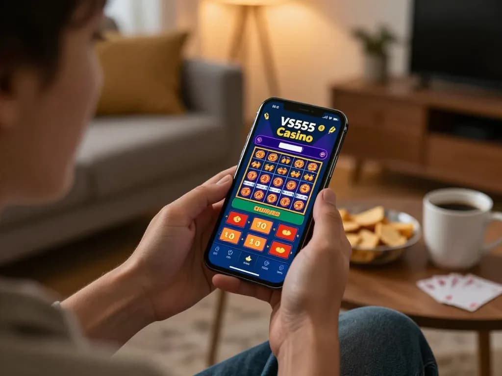 Engaged player experiencing thrills on the VS555 Casino app with smartphone during a cozy gaming session.