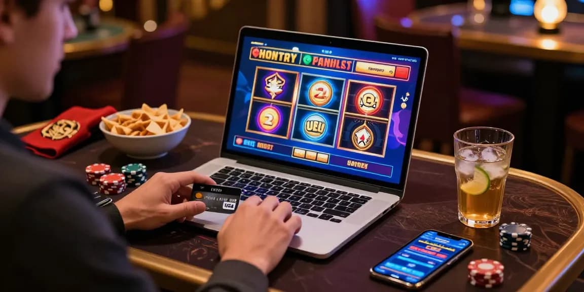 Player exploring credit card casinos on https://dea.org.uk with Mastercard and Visa at hand, surrounded by vibrant game graphics.