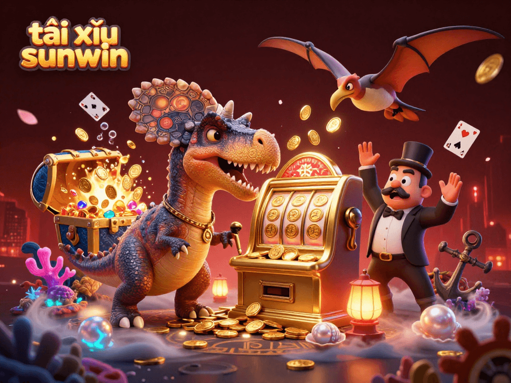 Engage with tài xỉu sunwin through a thrilling scene of a dinosaur-themed casino adventure with vibrant visual elements.
