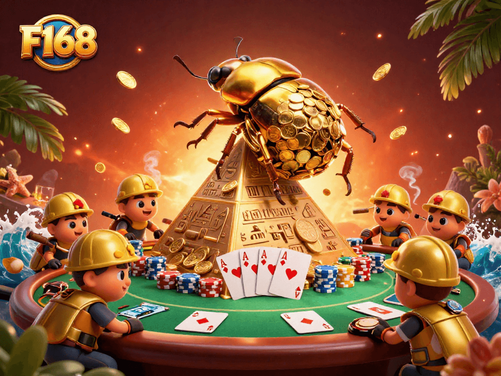 F168 players celebrating a big win with gold coins and poker elements in an exciting casino-themed scene.